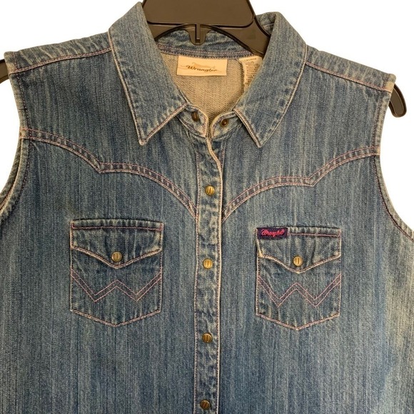 Wrangler Womens Denim Vest Sleeveless Western Style Pink Stitching Size L - Picture 3 of 11